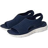 Skechers Women's SUMMITS - OUTTA HERE, Textured Chevron Neoprene H-Band Sandal, Black/Black, 5M