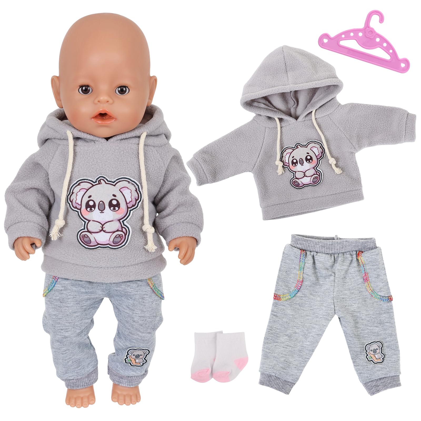 4 Pcs Baby Doll Clothes for 30-45cm Dolls, Cute Cartoon Koala Dolls Clothes and Accessories with 1 Koala Drawstring Hoodie, 1 Gray Pants, 1 Socks, 1Hanger, Gift for Kids Birthday