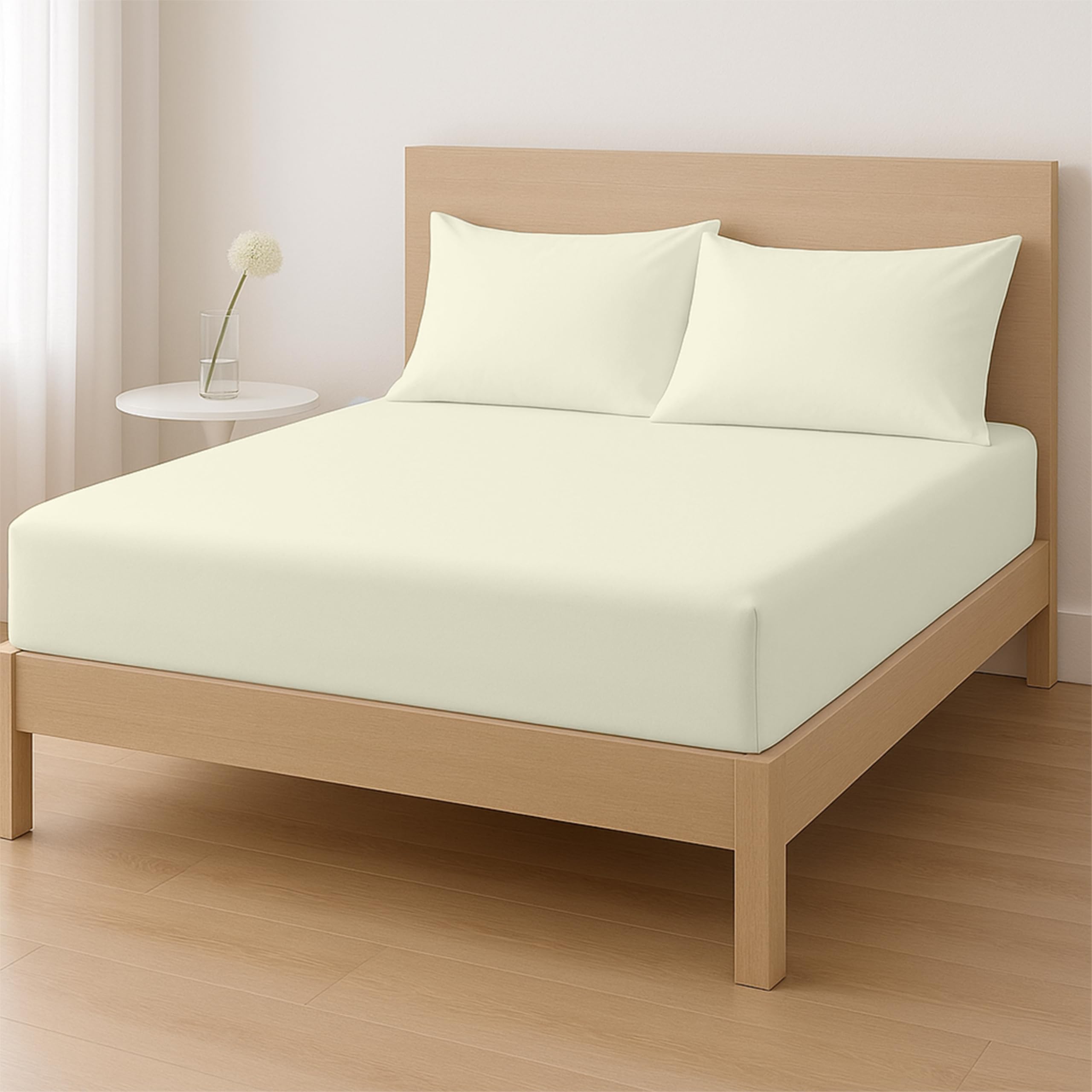 Rohi Super King Fitted Sheet Set – 25cm Deep with Elasticated Corners – Soft & Breathable Cotton Blend Fitted Sheet with Pillowcases – Shrink & Fade Resistant – Bed Sheet Set (Cream, Super King)