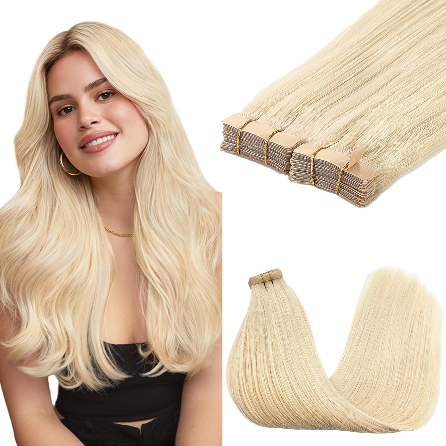GOO GOO Tape in Hair Extensions human hair, tape Hair Extensions, 20inch 100g 40pcs, Human Hair Extensions, 613R1 Bleach Blonde