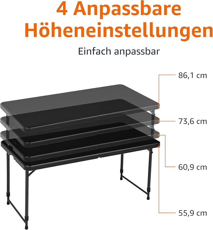 Klapptisch, Höhenverstellbar, 4 Höhen, Tragegriff, Rechteckig, für Camping, Picknick, Drinnen und Draußen, Schwarz, 121,4cm x 60,7cm x 86,1cm — Foto 3 von 6