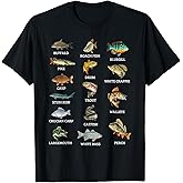 Types of Freshwater Fish Species Fishing Fisherman Anglers T-Shirt