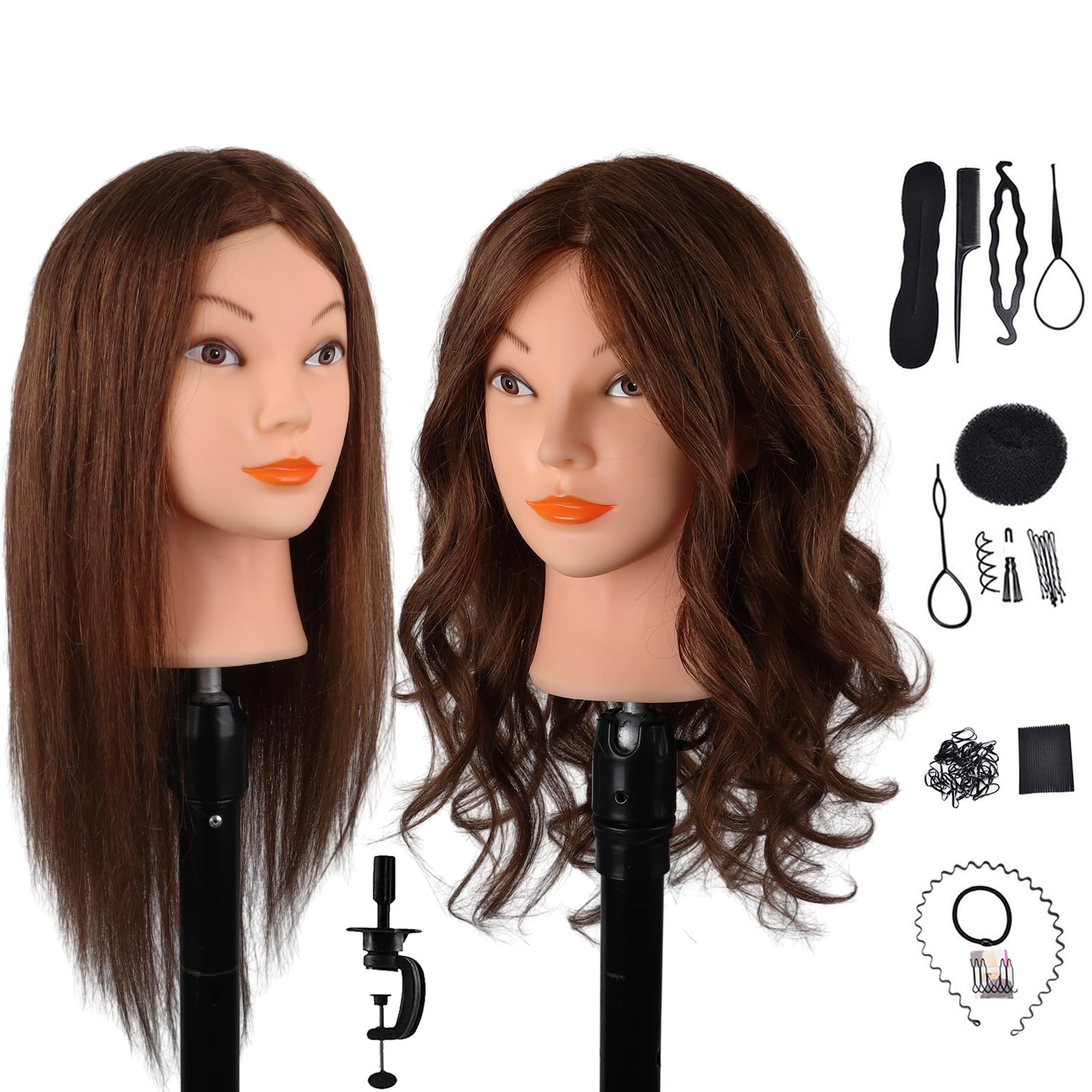 DaizySight Mannequin Head with 100% Real Hair, 18" Dark Brown Natural Human Hair Hairdressing Doll Head for Practicing Hair Styling, Curling, Straightening, Coloring with Clamp & Styling Tools