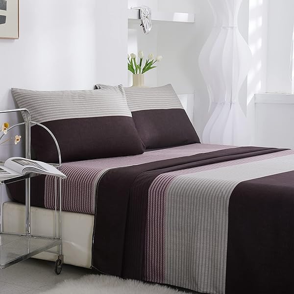 8HMOON STRIPED BED SHEET SET SOFT MICROFIBER WRINKLE...