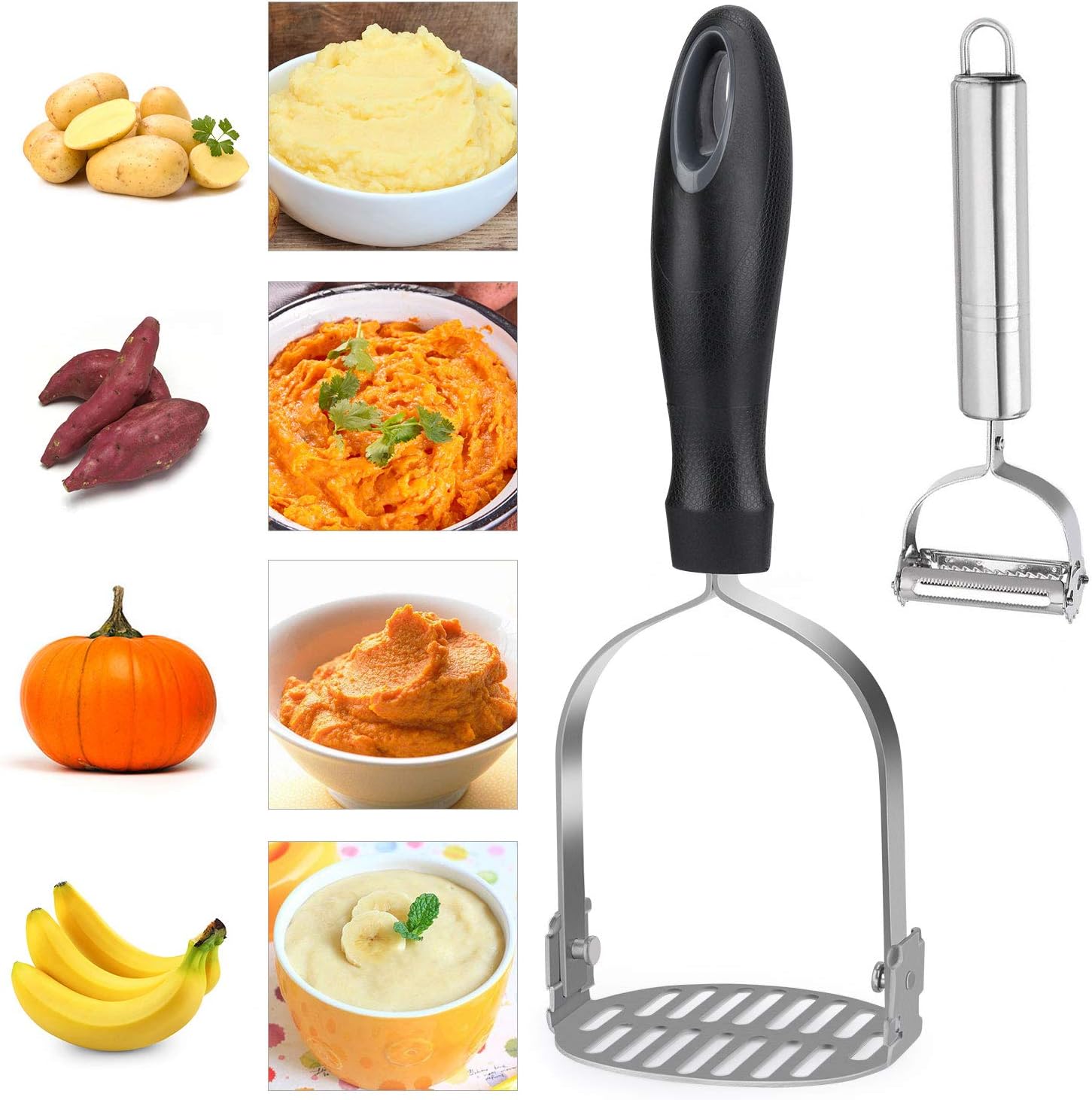 Potato Masher, Stainless Steel Heavy Duty Baby Food Masher，with Rubber