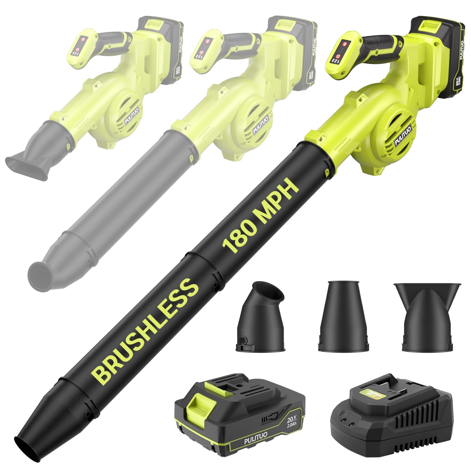 Photo 1 of PULITUO Leaf Blower Cordless, 3 in 1 Small Leaf Blower- 180MPH 20,000RPM Brushless Mini Blower Cordless Handheld Battery Blowers for Lawn Care, Dust, Grass and Car (1 Battery)