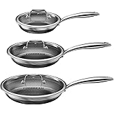 FogDream 3 Pcs Non Stick Frying Pans with 3 Lids, 8, 10 & 12 Inch Stainless Steel Skillets, Tri-Ply Stainless Steel for All Cooktops, Dishwasher & Oven-Safe Cooking Pan, Stay-Cool Handle, Silver