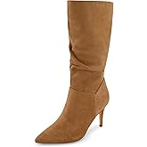 CUSHIONAIRE Women's Porsha Slouchy Vegan Suede Mid-Calf Scrunch Boot with Pointed Toe, Memory Foam & 3-Inch Heel | Wide Widths Available