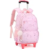 ETAISHOW Star Print Pink Rolling Backpack for Girls Kids Bag with Wheels | Roller Bookbag Preschool Trolley School Bag Wheeled Bag