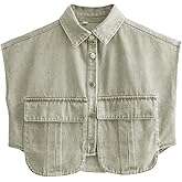 Fexmy Womens Denim Cropped Button Down Shirt Collared Sleeveless Summer Loose Jean Crop Top with Pockets