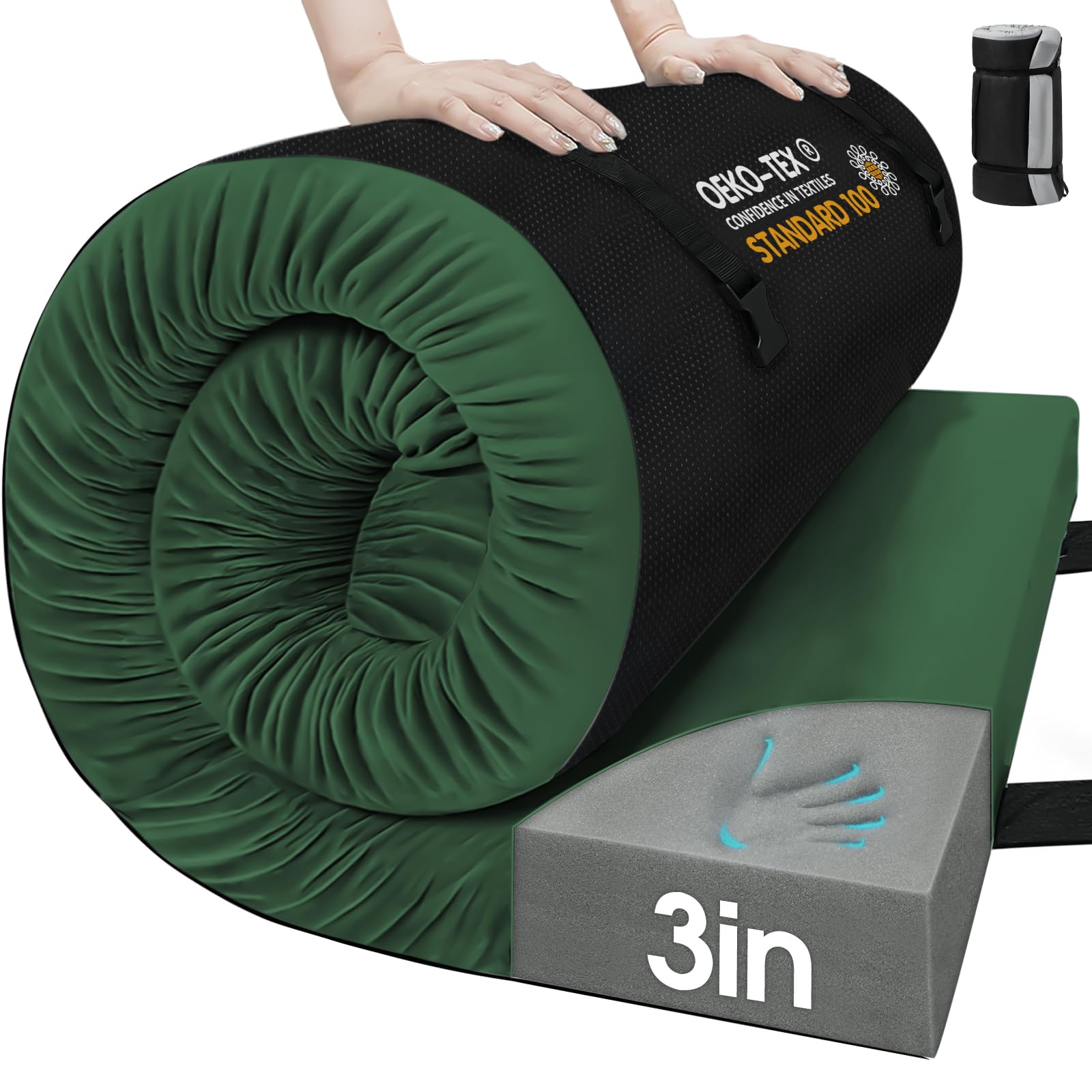 CYMULA Memory Foam Camping Mattress Pad,3in Sleeping Pad for Camping,Non-Slip Bottom Floor Car Mattress Bed Portable Roll up Mattress Pad Mat for Travel Truck Guest Bed Tent (FULL75*54 * 3) Image