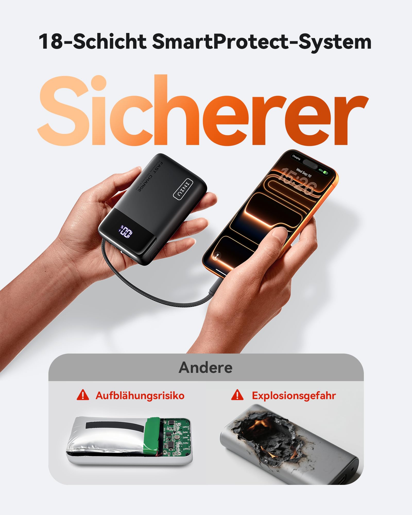 INIU 45W Power Bank, Ultra Klein 20000mAh Powerbank iPhone mit Integriertem USB-C Kabel, Schnellladen Externe Handyakkus Mini, Klein Aber Stark für iPhone 17 16 15 Pro, Samsung S22, Xiaomi, iPad etc 6