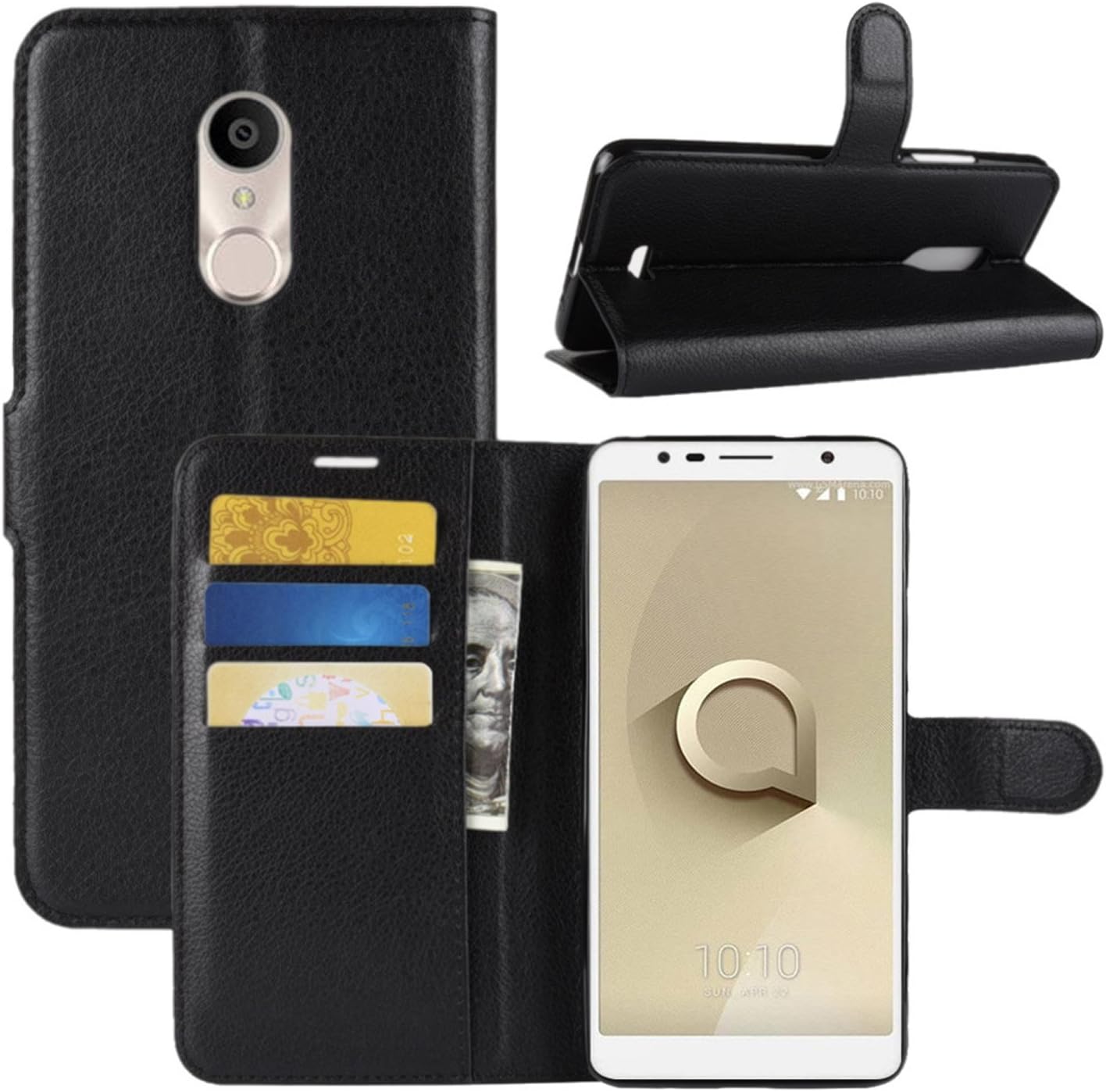 HualuBro Alcatel 3C Case, Premium PU Leather Wallet Flip Phone Protective Case Cover with Card Slots for Alcatel 3C Smartphone (Black)