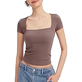 PUMIEY Women's Short Sleeve T Shirts Square Neck Going Out Tops Slim Fit Basic Tee Smoke Cloud Pro Collection