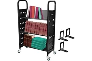 MELEG Book Cart, 200 LBS Library Cart, Rolling Book Cart, Single Sided L-Shaped/V-Shaped Sloped Shelves with Lockable Wheels for Home Shelves Office School Book Truck