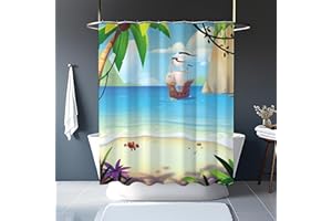 Da Brigh Pirate Ship Polyester Bathroom Shower Curtain Set with Plastic Hooks for Kids, 72x72 Inches, Waterproof and Washable