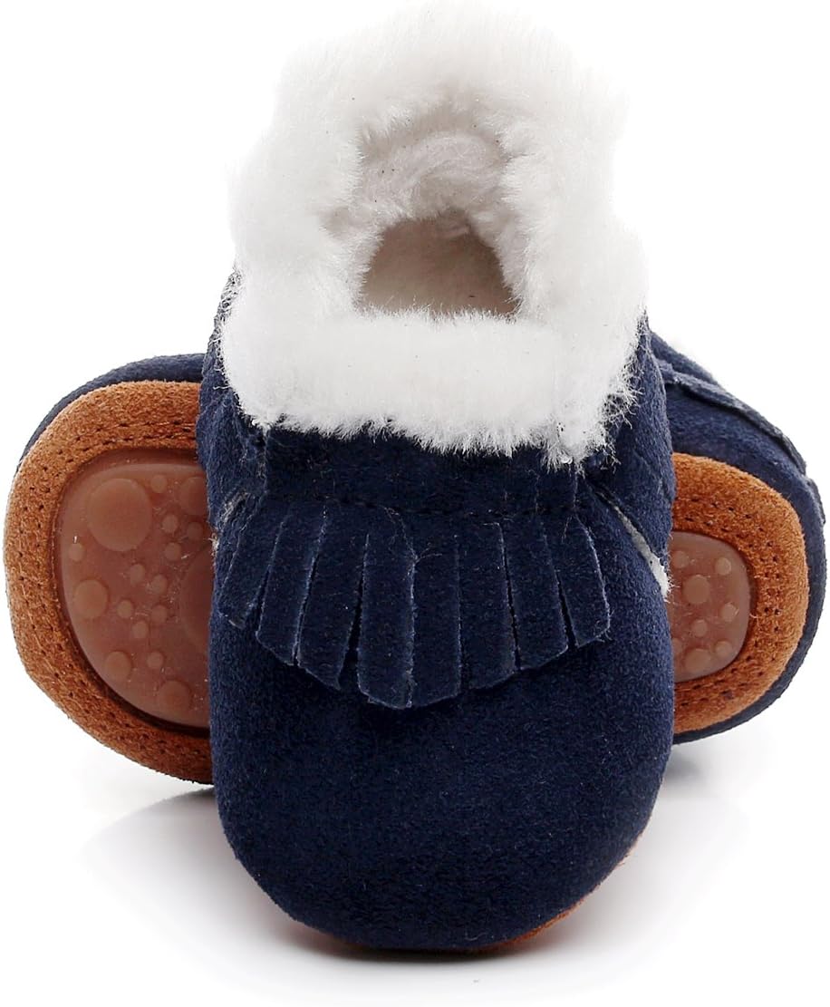 HONGTEYA Baby Moccasins with Fur Fleece Rubber Soles Warm Snow Boots Leather Baby Shoes for Boys Girls