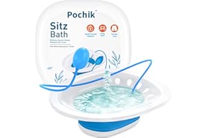 Pochik Sitz Bath for Toilet Seat Hemorrhoids and Postpartum Care, Yoni Steam Seat, Perineal Soaking, Collapsible, Flusher Hose, Drain Holes, Wider Seating Area - Blue