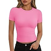 YUCOLEN Women's Short Sleeve Double Lined Fitted Crop Top Crewneck Soft Basic Tee Summer Casual Workout Y2K Trendy Shirt