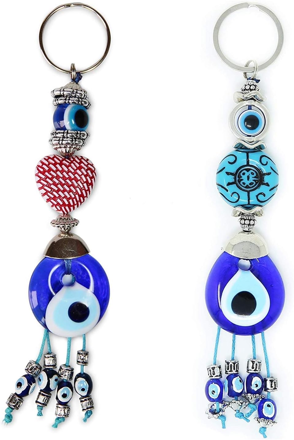 Evil Eye Keychain Set Women & Men Turkish Greek Handmade Key Rings Protection Lucky Charm Blue Glass Blessings 2 Pack (Red Heart/Turkuat)
