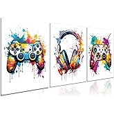 Gaming Room Decor Wall Art Set of 3, Video Gaming Gamepad Graffiti Canvas Posters Wall Decor, Games Gamer Painting Prints for Teen Boys Room Decor - Framed 12x16in