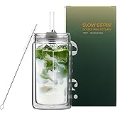 Crafti Slow Sippin' Glass Tumbler with Straw & Lid – 11.8oz / 350ml Double-Walled Glass Coffee Cup, Matcha Cup with Volume Markings, Tritan® Straw & Cleaner – Reusable, BPA-Free Iced Coffee Tumbler