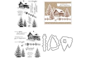 Christmas Tree Stamps and Die Cuts for Card Making Snow House Transparent Silicone Clear Stamp and Metal Cutting Dies Sets fo