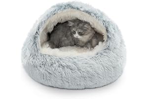 CATISM Cat Bed, Plush Hooded Cat Beds for Indoor Cats, Calming & Self Warming Cat Bed Cave, Cozy for Indoor Cat or Small Dog Bed, Removable & Washable with Non-Slip Bottom, Gray (24 Inches)