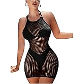 Milumia Women's Hollow Out Crochet Cover Up Dress Halter Tie Backless Bodycon Beach Mini Dresses