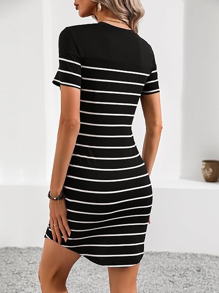 SWEATYROCKS WOMEN’S SUMMER STRIPED BODYCON SHORT DRESS CREWNECK WOMEN MINI DRESSES WITH POCKETS BLACK AND WHITE MEDIUM