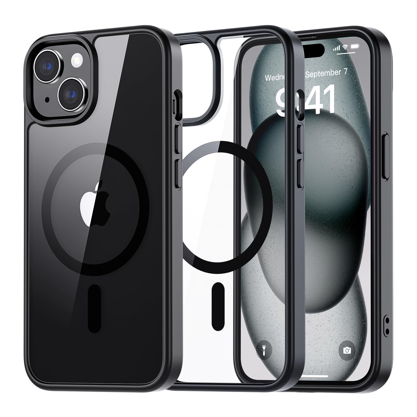 Photo 1 of SUPFINE Magnetic for iPhone 15 case, [Compatible with MagSafe][Clear Hard Back with Soft TPU Bumper][12FT Military Grade Drop Protection] Shockproof Phone Case,Clear Black
