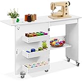VIVOHOME Folding Sewing Table for Sewing Machine, Sewing Desk with Storage | Rolling Sewing Craft Table with Storage Shelves, Trays, Wheels, Foldable Sewing Cabinet for Small Spaces, White