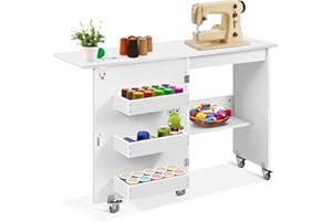 VIVOHOME Folding Sewing Craft Table, Rolling Sewing Machine Desk with Storage Shelves, Sewing Cabinet with Lift for Small Spaces, White
