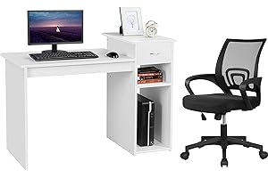 Yaheetech Home Office Computer Desk & Chair Set, 44 Inch Computer Desk with Drawer & Mesh Ergonomic Height Adjustable Office Chair, White & Black