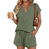 LILLUSORY Womens Henley 2 Piece Short Sets Summer 2026 Lounge Spring Beach Airport Travel Vacation Outfits Matching Sweatsuit