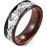 Adreamz Mens Wood Titanium Ring Laser Etched Forest Mountain Landscape Pine Spruce Tree Ring Wedding Band for Men 8mm Black Comfort Fit