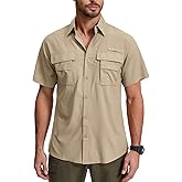 Men's UPF 50 Short Sleeve Safari Shirts,Sun Protection Quick Dry Outdoor Fishing Hiking Gardening Shirt 5016,Khaki,3XL
