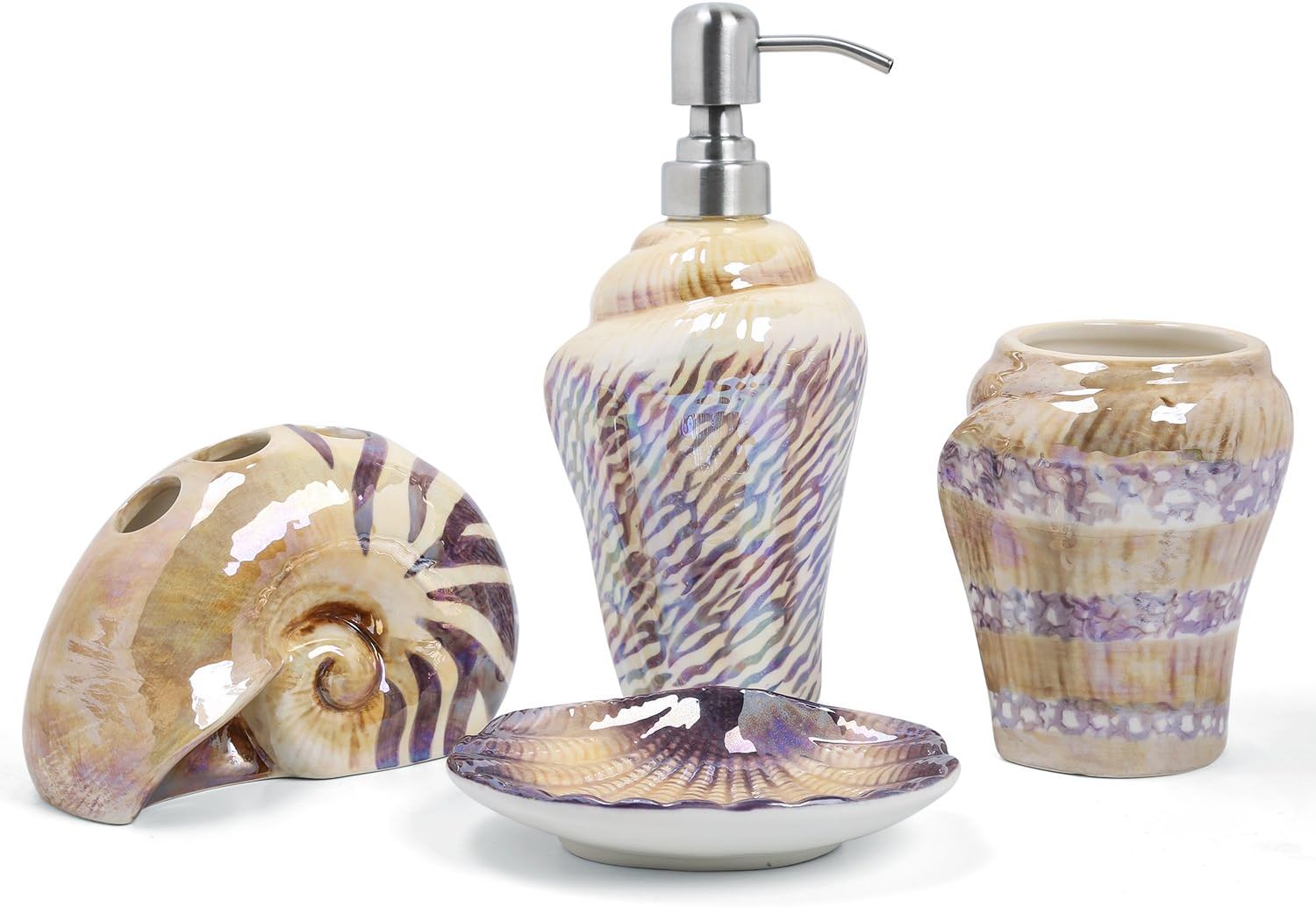 HUIDANG 4 Pc Mediterranean Style Purple Ceramic Soap Dish,Soap Dispenser, Toothbrush Holder & Tumbler Bathroom Set