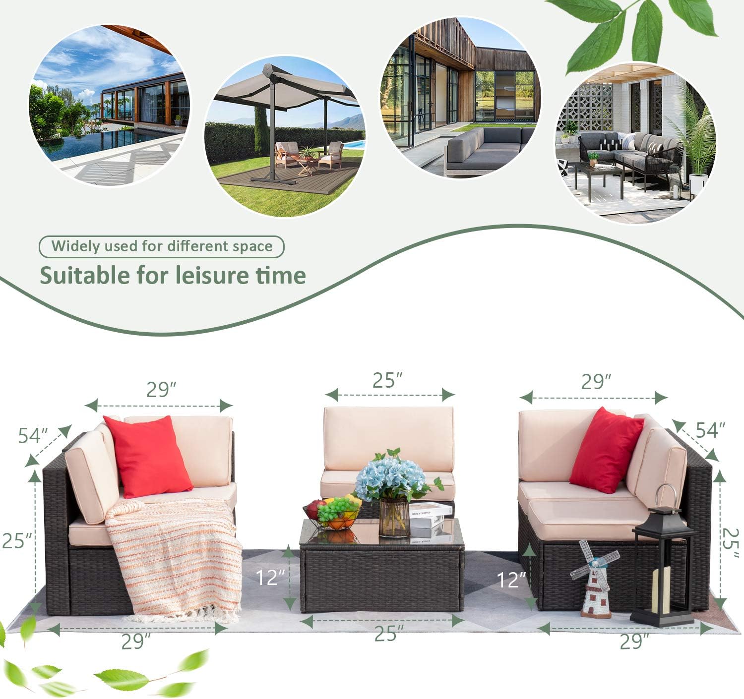 Devoko Patio Furniture Sets 6 Pieces Outdoor Sectional Rattan Sofa All-Weather Manual Weaving Wicker Patio Conversation Set with Glass Table and Cushion (Beige): Garden & Outdoor