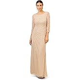 Adrianna Papell Women's Beaded Long Dress, Biscotti, 18