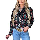 Joiemont Women's Retro Aztec Shirt Western Cowgirl Pearl Snap Blouses Button Up Long Sleeve Ethnic Printed Top