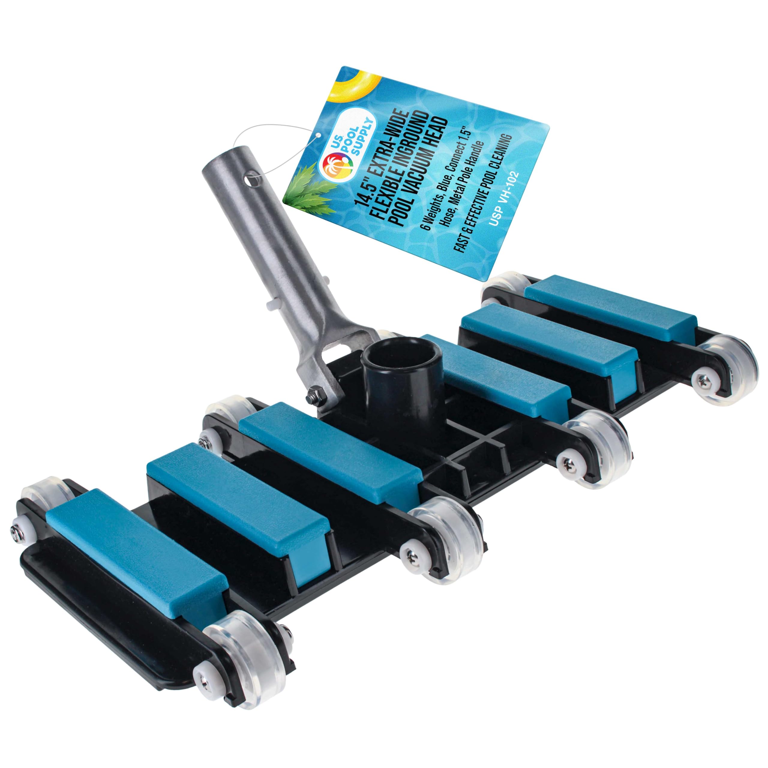 Photo 1 of U.S. Pool Supply Manual Pool Vacuum Head for Inground Pools, Flexible, Extra-Wide, Weighted - 6 Weights, Blue, Connect 1.5" Hose, Metal Pole Handle - Swimming Cleaning Accessory Attachment, Vac