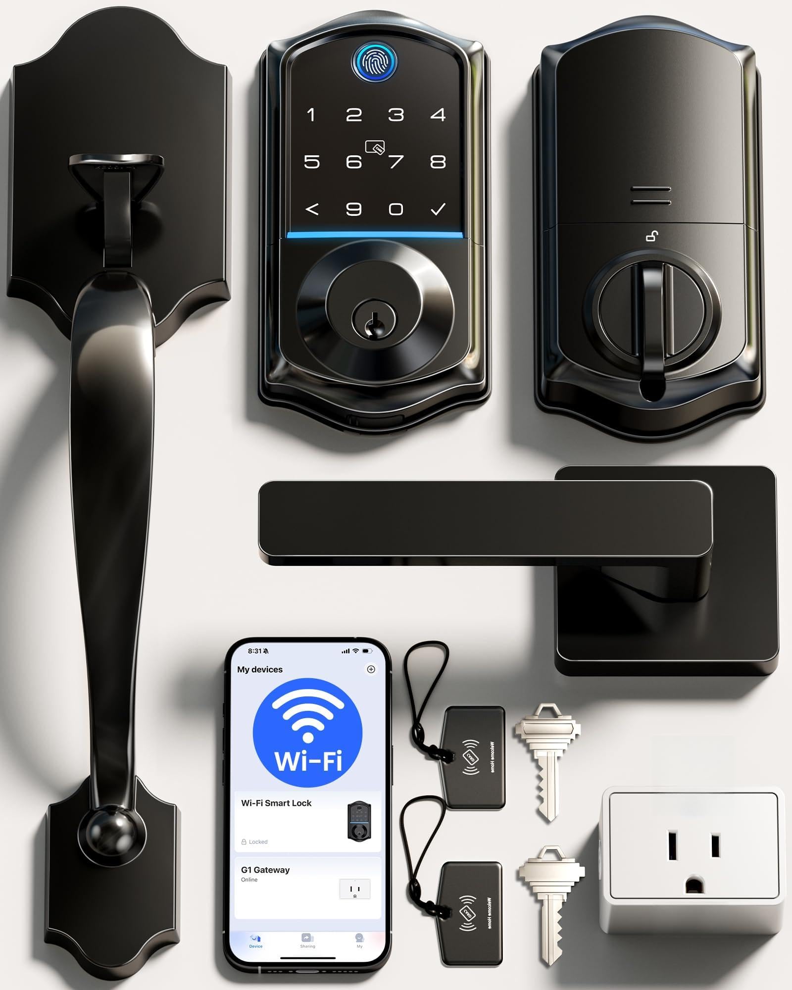 Photo 1 of Veise VE017G-H Wi-Fi Smart Fingerprint Front Door Lock Set, Remote App Control, Keyless Entry Deadbolt with Handle, Backlit Keypad, IP55 Weatherproof, Auto Lock, Easy to Install, Matte Black