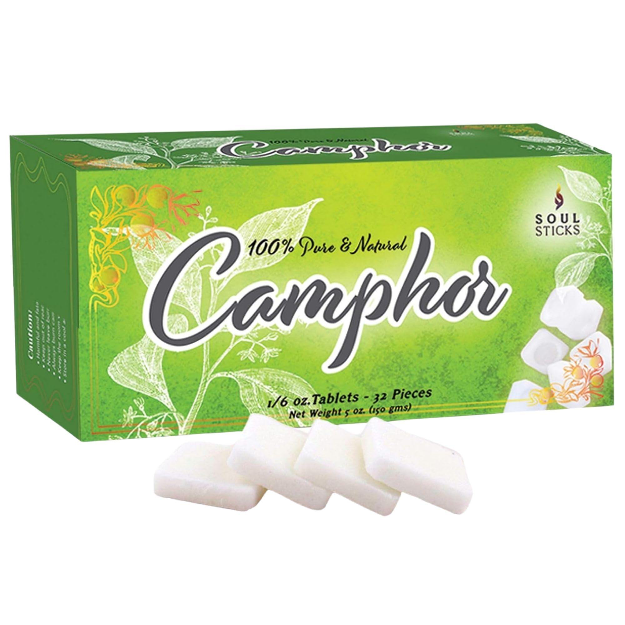 SOUL STICKS Natural Camphor Blocks,Pure Camphor Tablets for Aromatherapy & Puja - Alcanfor en Bloques, Alcanfor en Bolitas, Kapoor for Pooja (150 Grams (32 Tablets))