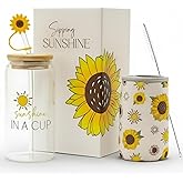 The Love Crate Co. Sunflower Gifts for Women - Glass Tumbler with Lid and Straw, Customized Straw Stopper and Cup Sleeve. Aesthetic Unique Design Iced Coffee Gift Cup for Mom, Teacher, Friend