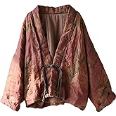 LUZU JUNU Women's Floral Printed Short Quilted Jacket Open Front V-Neck Shawl Collar Drop Shoulder Vintage Outwear