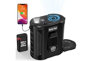 TREKKINGLAMB Portable Waist Fan on belt with 8000mAh Detachable Spare Battery, 5-Wind Speed, LED Light & Display, Detachable Dust Filter, Rechargeable Fan with Clip For Outdoor, Camping, Travel (Black-16000mAh)