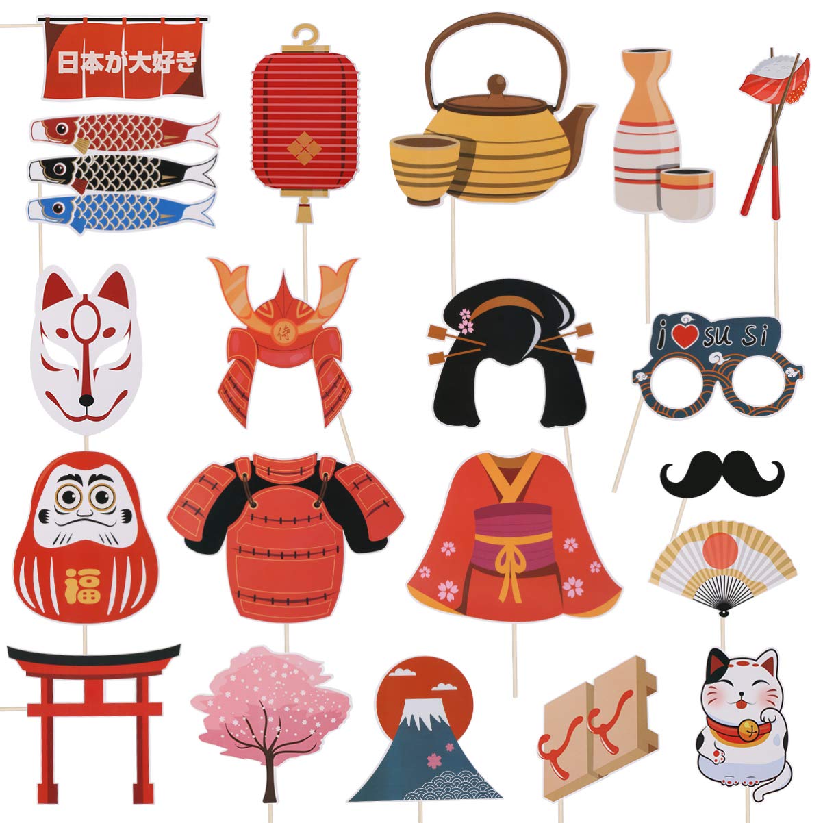 Amosfun 20pcs Japanese Party Photo Booth Props Japan Photo Props Kabuki Kitsune Samurai Decor for Birthday Halloween Christmas Party