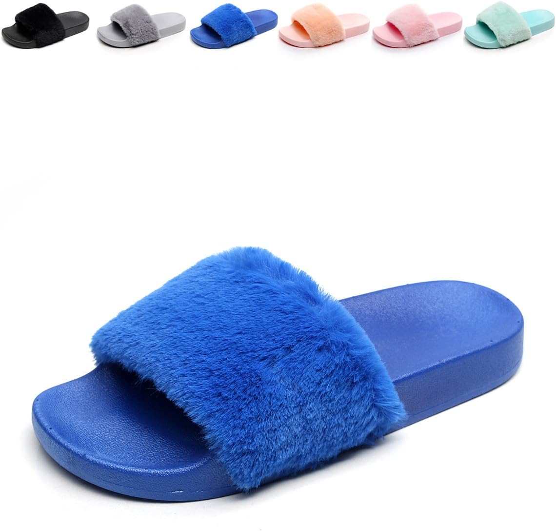 Women's Fluffy Flat Slipper Flip Flop Royal Blue 6-6.5 B(M) US