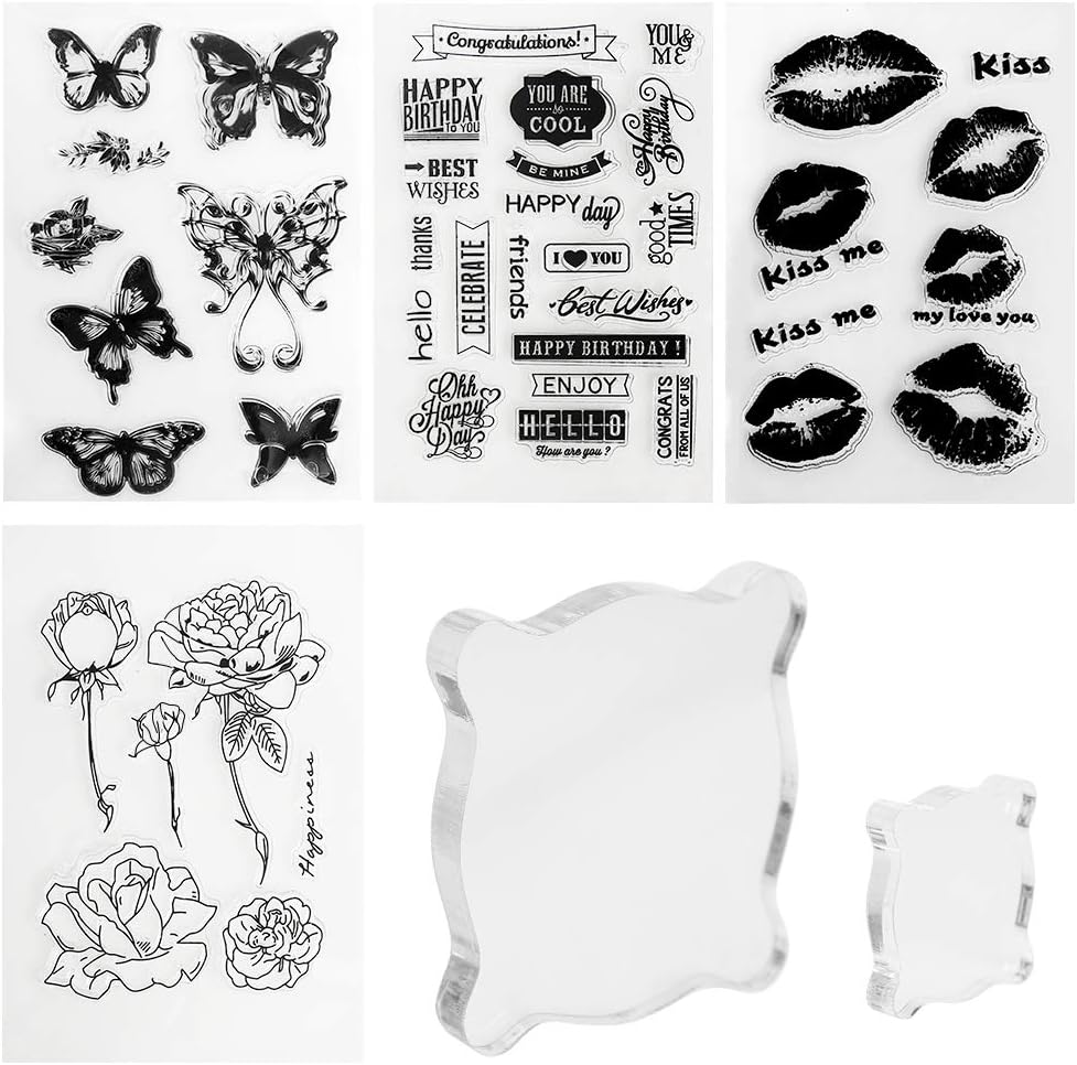 YGDZ 4 Sheets Silicone Clear Stamps Different Theme Friendly Phrases Pretty Patterns and 2 Pack Acrylic Clear Stamping Blocks for Card Making Decoration and Scrapbooking